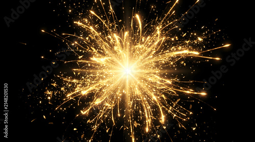 A bright golden firework explosion isolated on a black background creating a festive celebration atmosphere with glowing light streaks and shimmering particle effects