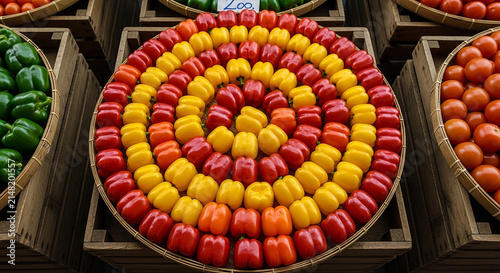 Vibrant Spiral of Colorful Bell Peppers at a Farmers Market