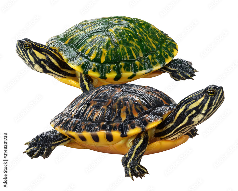 Obraz premium Two Red-Eared Slider Turtles Stacked: A close-up shot features two red-eared slider turtles, one stacked on top of the other. The upper turtle has a vibrant green shell with yellow markings.