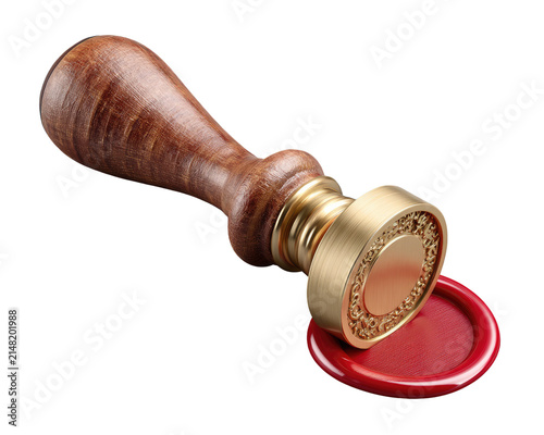 Wax Seal Stamp with Wooden Handle: A vintage wax seal stamp with a classic wooden handle and ornate brass details is pressed into red wax, symbolizing authenticity and tradition.