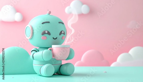 Cute robot holding pink coffee cup.