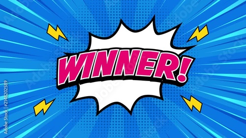 Animated winner text on a colorful comic style background with dynamic pop art effects