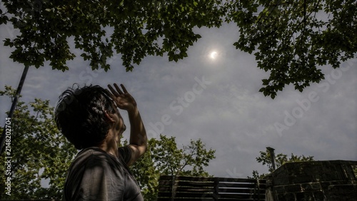 Man Shielding Eyes while Looking up at Partial Solar Eclipse through Tree Leaves
