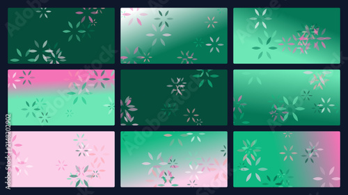 A collection of abstract green and pink gradient backgrounds featuring floral flower patterns in various vector designs