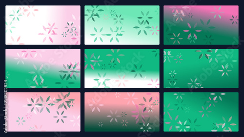Abstract Pastel Floral Gradient Backgrounds Set with Geometric Flower Shapes in Green and Pink Tones