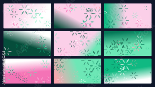 Modern abstract floral gradient banner set with pink and green geometric flower patterns