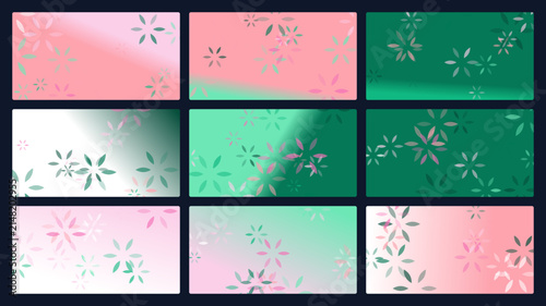 Set of abstract floral gradient backgrounds for banners and business cards in pink and green colors