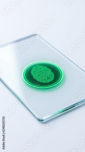 Futuristic glass smartphone with glowing green fingerprint scanner highlights quality and audit security technology for biometric authentication