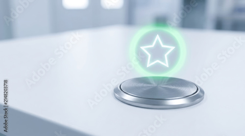 Futuristic quality audit concept with glowing star hologram on metallic button in modern office environment