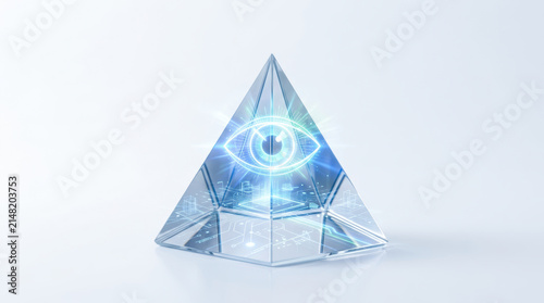 Glass pyramid with digital eye symbol represents quality audit technology futuristic concept on white background