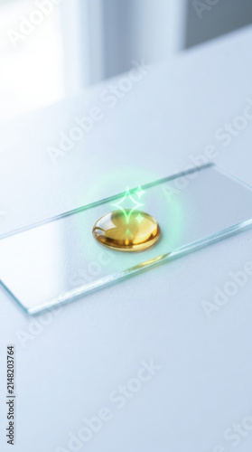 Glass slide with golden liquid drop and glowing effect represents quality control and audit in laboratory environment