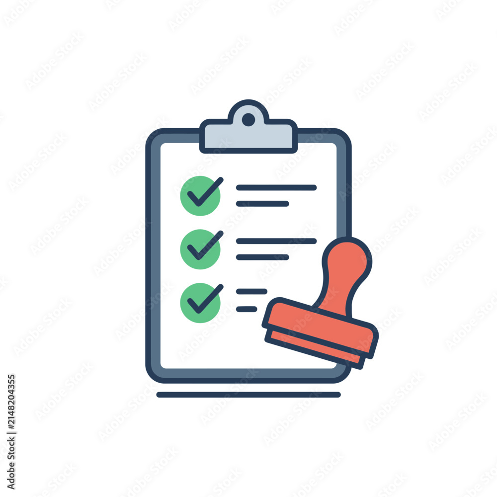 Obraz premium Business Clipboard with Checklist and Rubber Stamp for Approval Concept