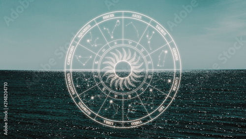 Obraz na plátne Astrology zodiac signs arranged in a circle over a calm ocean view under a clear