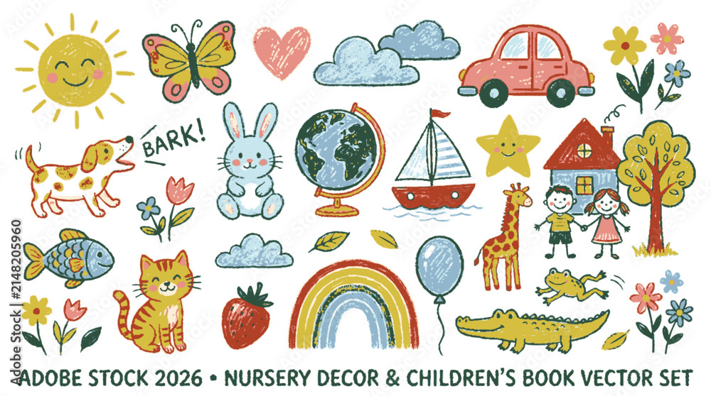 Naklejka premium Vibrant hand drawn nursery doodles collection playful animal and nature elements for creative children education project design