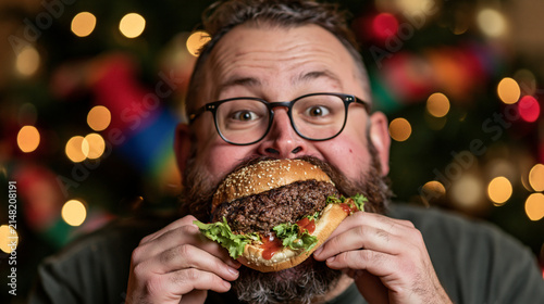 Man with oversized burger and fast food spread, gluttony and excess concept.