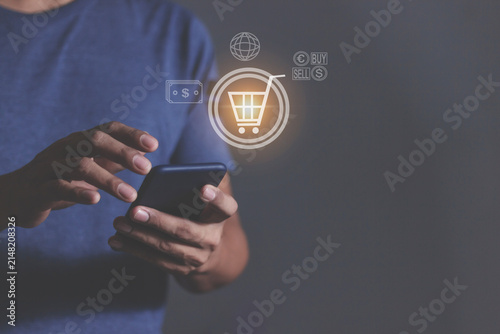 Young Man Hand Holding Smartphone With Online shopping, Mobile payment, Online payment, Digital, Bank account phone, Mobile banking payment concept