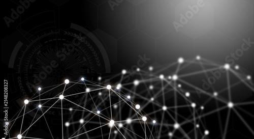 Technology background concept, Abstract connected line dots network on bright polygon blurred background.