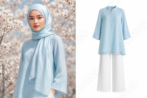 Portrait of a beautiful Muslim woman in a light blue hijab and modest tunic outfit against cherry blossoms, featuring a separate product shot of the clothes