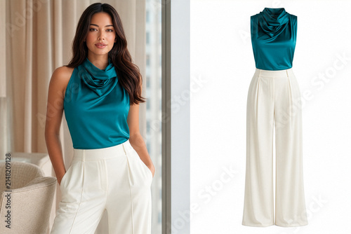 A beautiful young woman modeling an elegant teal satin cowl-neck sleeveless top paired with stylish high-waisted white wide-leg trousers, shown with isolated product view