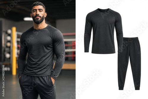 Male athlete wearing a black long-sleeved performance shirt and sweatpants in a gym setting, shown next to a product mockup on a white background