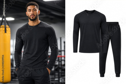 A male athlete in a gym wearing a black long-sleeve tracksuit, shown alongside a flat product shot of the apparel set on a white background