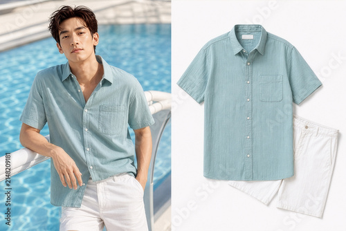 Young Asian man in a light blue linen shirt and white shorts standing by a swimming pool, alongside a clean product flat lay of the same clothing outfit