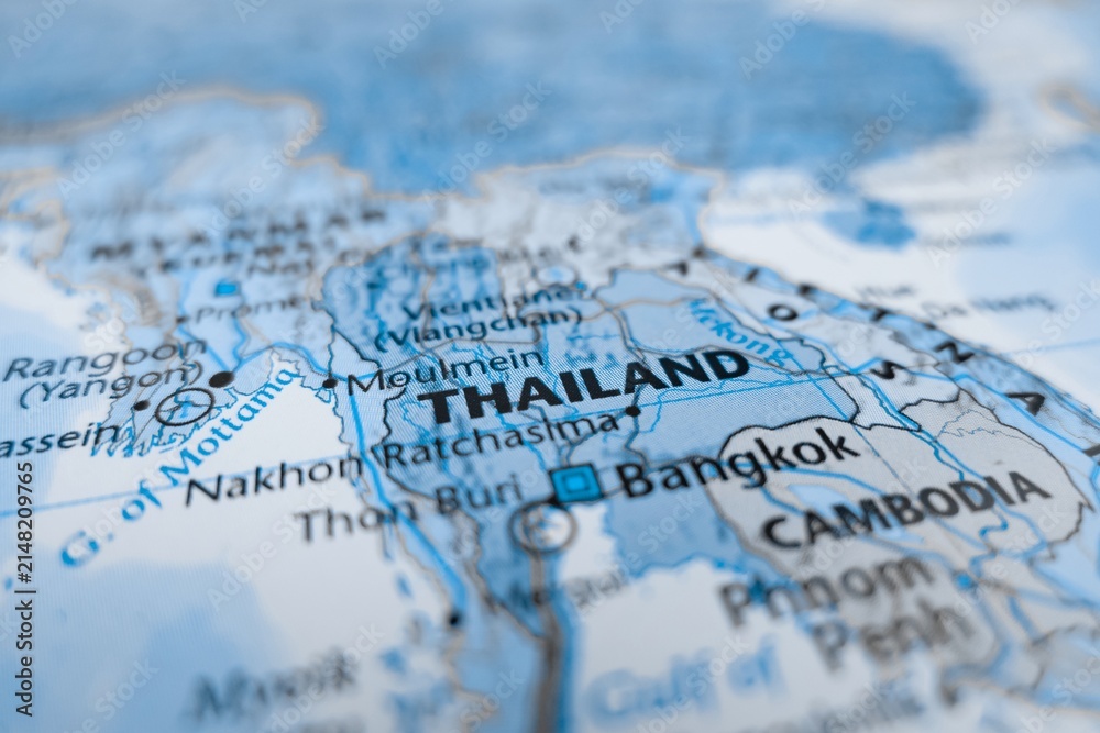 Naklejka premium Map of Thailand styled in grey color. Selective focus on label, close-up view