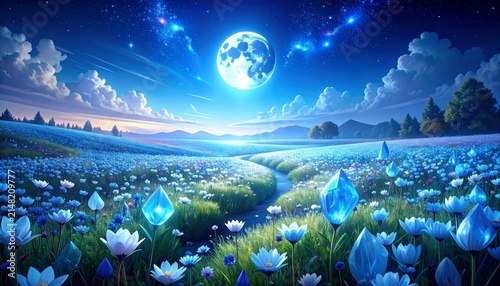 Obraz na płótnie 満月の光に照らされる青いクリスタルの花畑と幻想的な夜の風景イラスト
