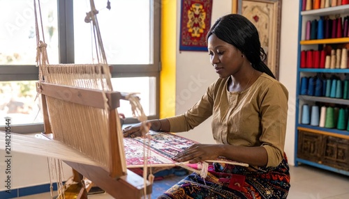 Woman weaving on a loom indoors.