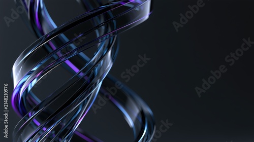 Dark glass spiral with blue and purple highlights creating a futuristic abstract ribbon for technology branding and digital design.

