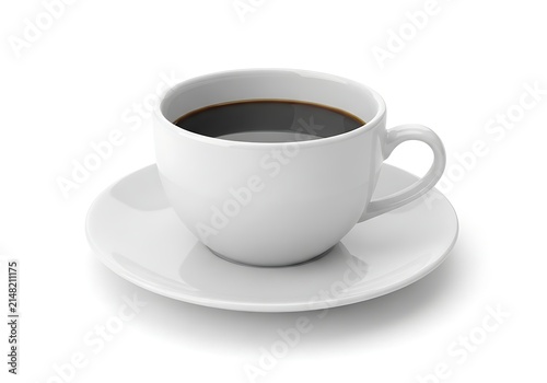 White coffee cup with saucer filled with black coffee