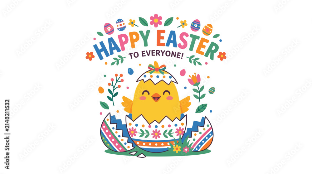 Naklejka premium Cute cartoon chick hatching from decorated Easter egg with spring flowers and festive greeting vector illustration