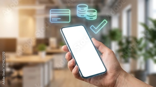 Hand holding smartphone with digital payment icons floating above. Mobile banking and contactless transaction technology illustration for fintech a...