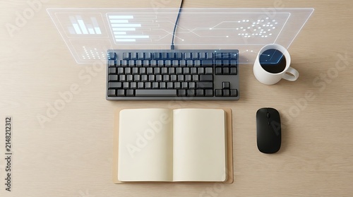 Minimalist home office setup with floating desk and laptop. Clean workspace design featuring wireless keyboard, notebook, and coffee for productivity.