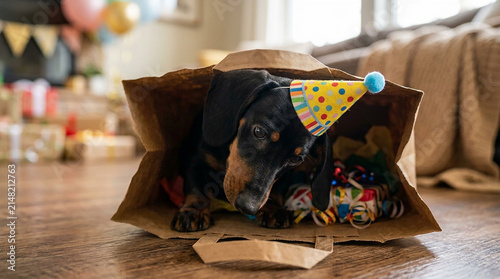 Cute black dog wearing a colorful birthday party hat sitting inside a brown paper shopping bag