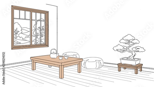 Minimalist Tea Room line art illustration