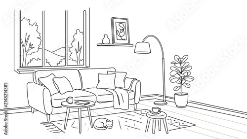 Cozy Living Room with Cat line art illustration