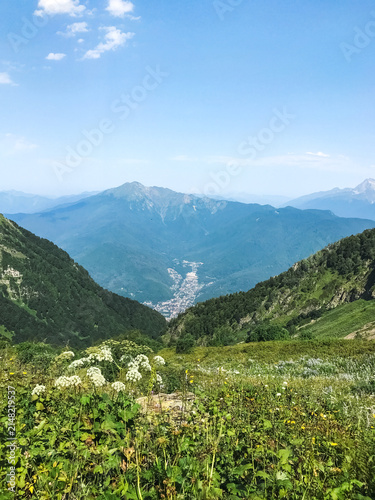 Mountain valley with alpine meadow and distant peaks