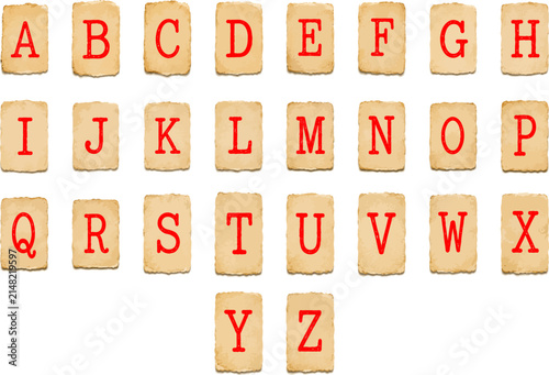 Vintage alphabet letters A to Z on aged paper cards transparent vector design