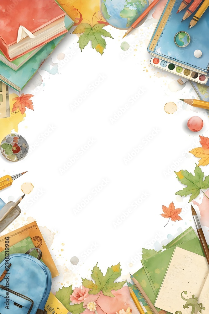 Fototapeta premium Hand Painted Back to School Background with Classroom Stationery and Autumn Leaves