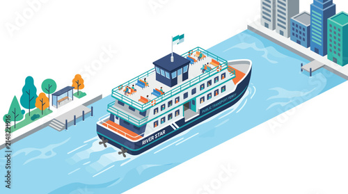 Ferry Boat Navigating Urban Waterway