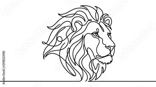 Lion head portrait drawn using continuous single line art style in black ink on white back