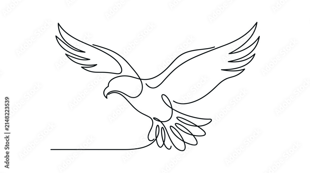 Obraz premium Flying eagle silhouette as continuous line art vector graphic for creative minimalist logo