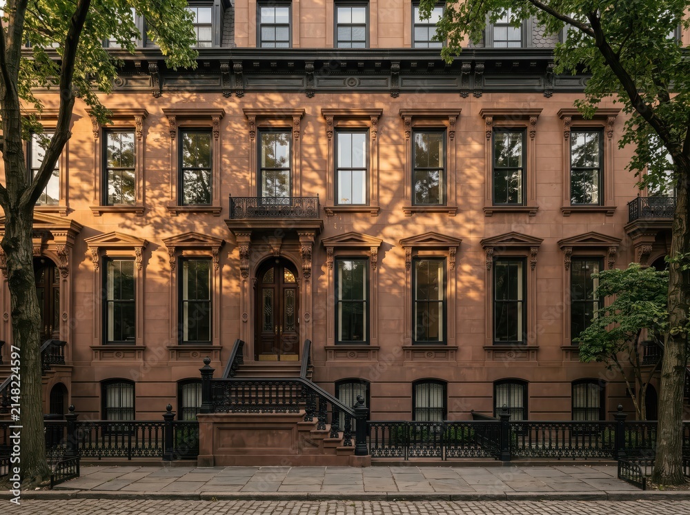 Obraz premium Brownstone townhouse facade with central stoop and tree shadows