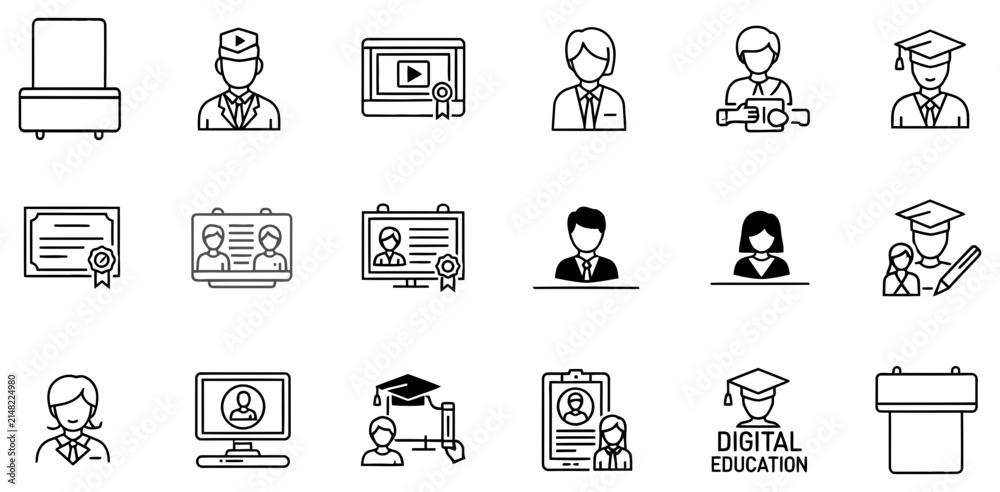 Fototapeta premium Online education and e-learning icons. Digital training and virtual classroom vector set.