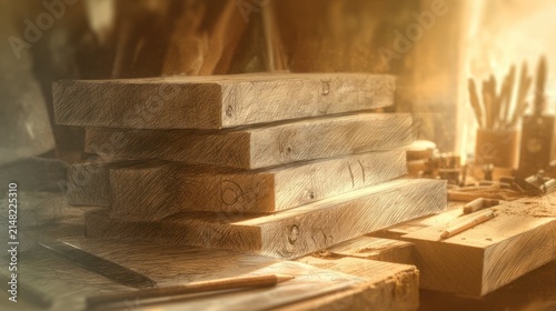 Stacked, rough-hewn wood planks rest on a workbench in a sunlit workshop, surrounded by woodworking tools and materials, suggesting a craft or artisan setting