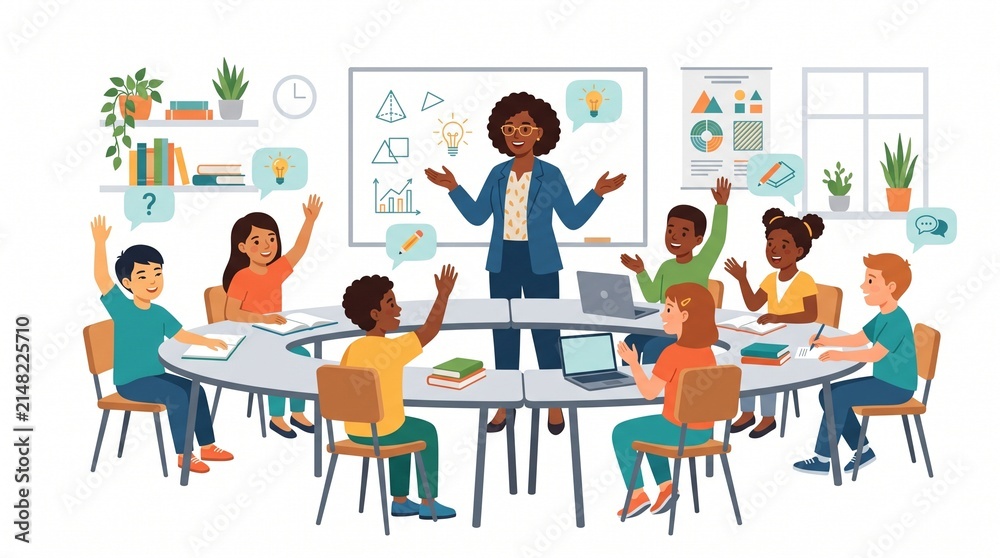 Fototapeta premium Diverse students and teacher in a modern classroom, flat vector illustration, educational concept. 