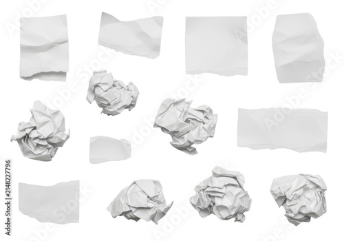 Collection of various crumpled and torn white paper pieces isolated on transparent background