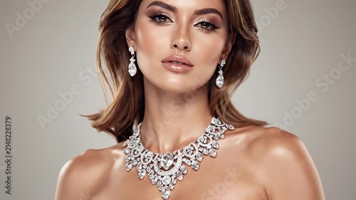 Elegant jewelry showcase featuring close-up shots of a woman adorned with stunning diamond necklace and matching earrings
