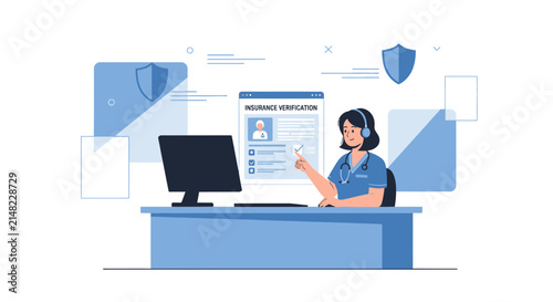 Healthcare professional verifying insurance online at desk with computer and patient record